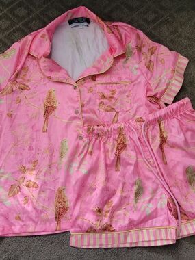 Dalia Macphee Pink Satin Bird Print Pajama Set